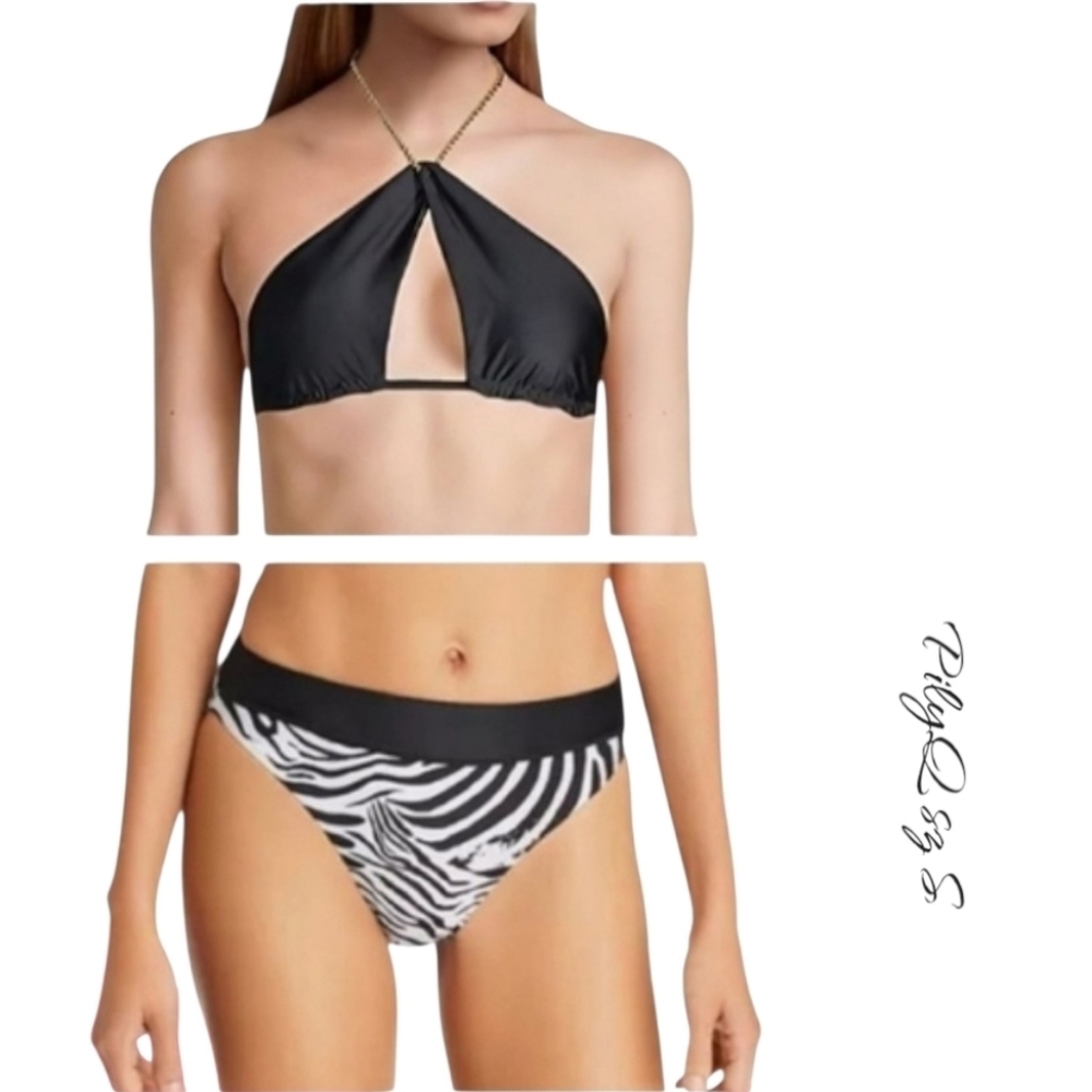 NWT  PilyQ PQ Swim Black Gwen Chain Top Zebra High Waist Bikini Set Small